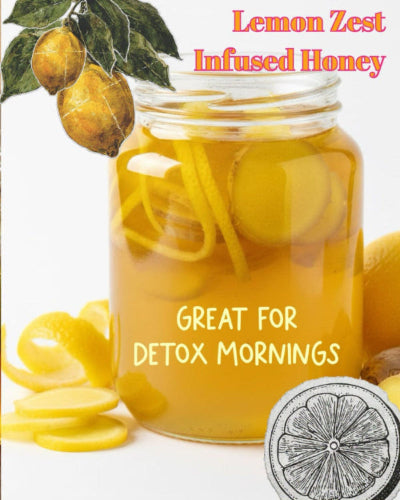 Jar of lemon zest infused honey with lemons and text on a white background